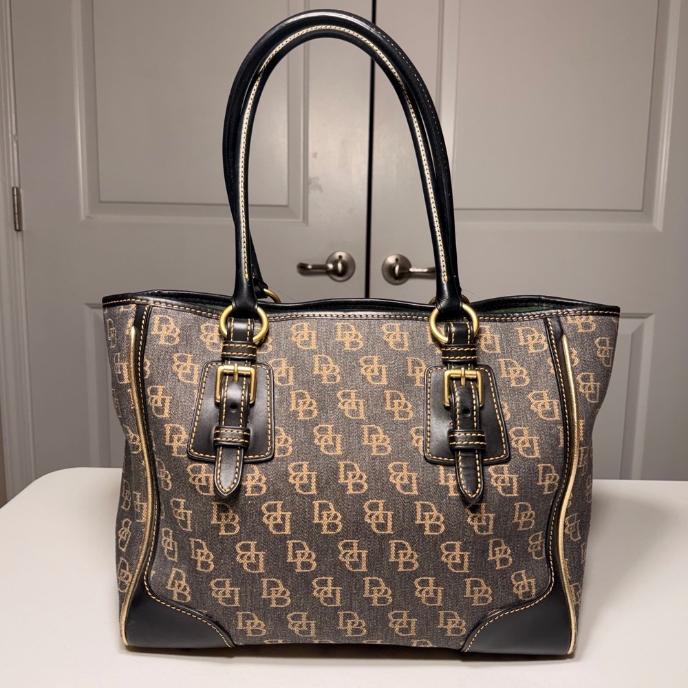 Dooney & Bourke J5534676 DB Monogram Tote Bag Brown Black Leather Trim